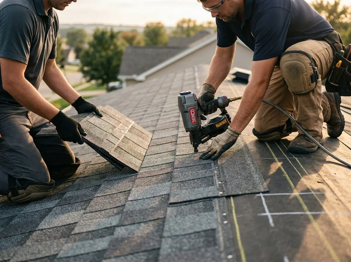 Professional roofer working on a residential roof in Peterborough